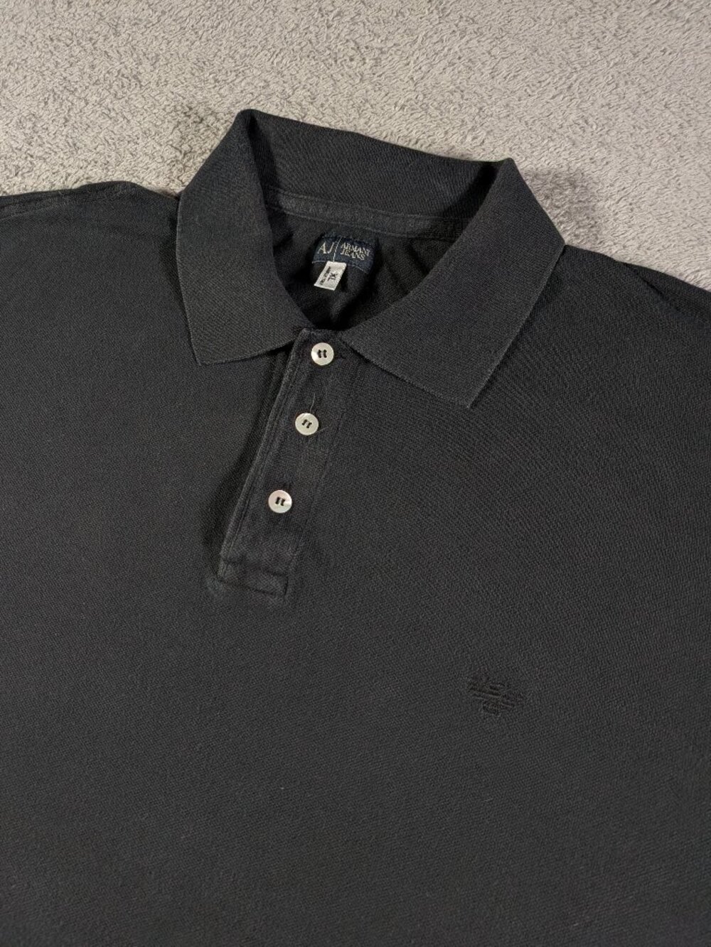 Armani Jeans XL Black Pique Polo Cuffed Sleeves Cotton Made in Italy
